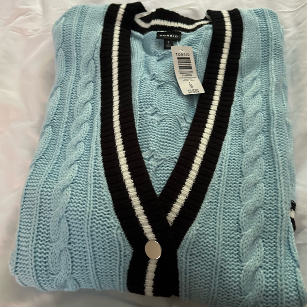 Torrid Blue Cable Knit Cardigan with Black and White Trim - Picture 4 of 4